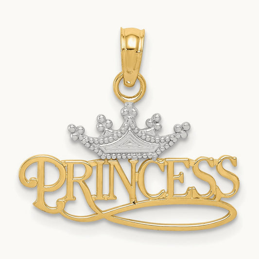 w/Rhodium Polished PRINCESS with Crown Pendant, 14K