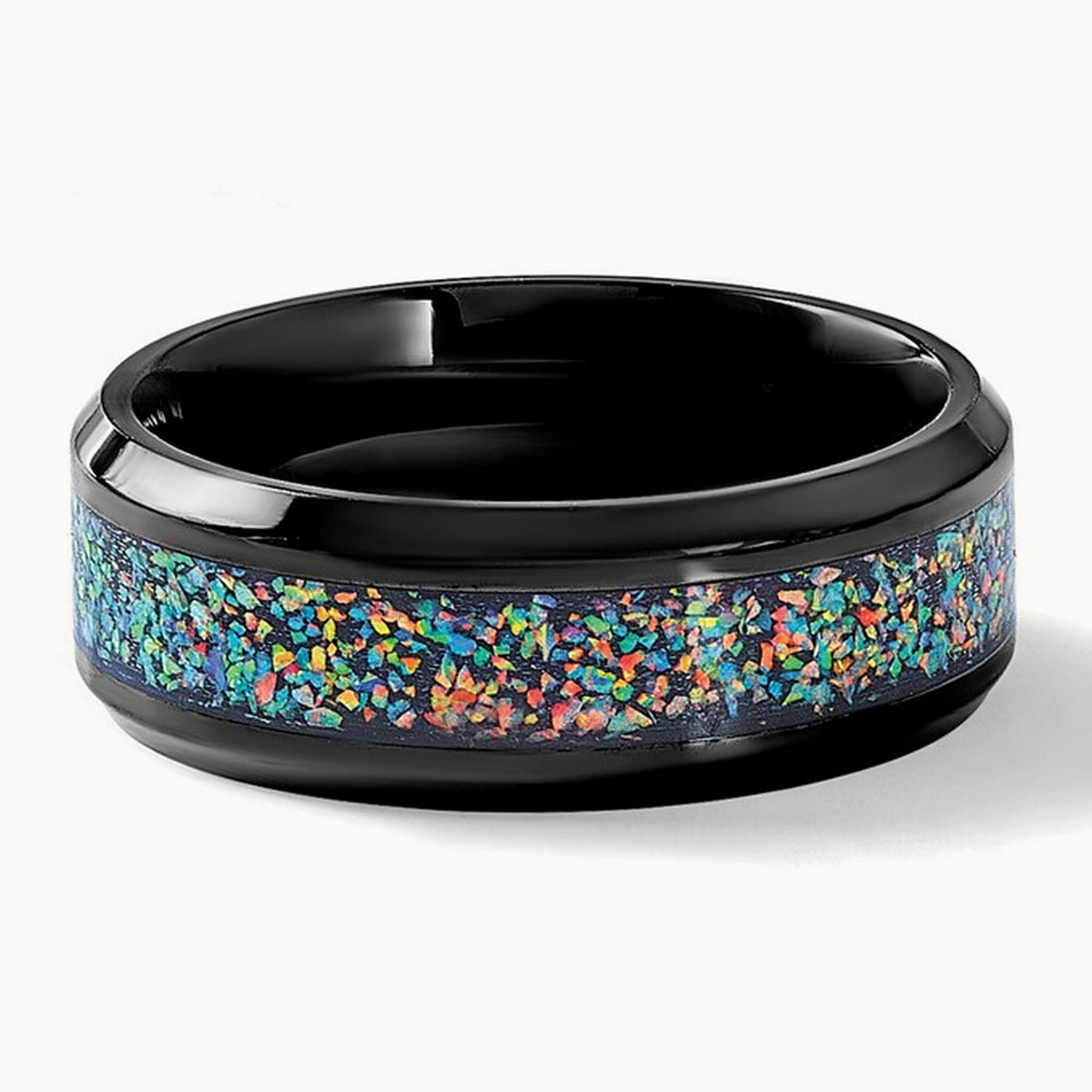 Polished Black IP-plated Multi-color Opal Inlay Band, 8mm, Stainless Steel