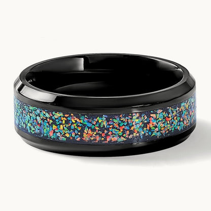 Polished Black IP-plated Multi-color Opal Inlay Band, 8mm, Stainless Steel