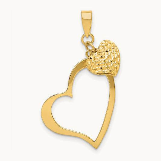 Polished and D/C Open and Puffed 3D Heart Pendant, 14K