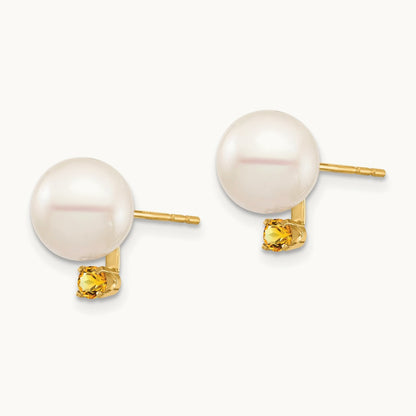 8- White Round Freshwater Cultured Pearl Citrine Post Earrings, 8.5mm, 14K
