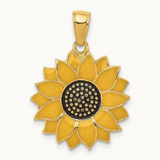 Enameled Yellow Sunflower Pendant, 14K