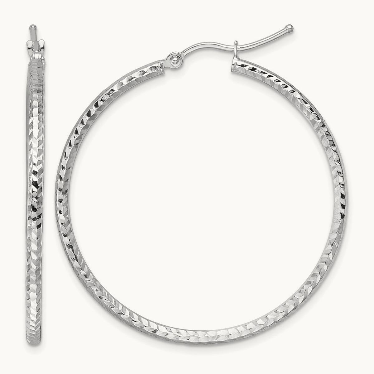 Diamond-cut Round Tube Hoop Earrings — 10K White Gold