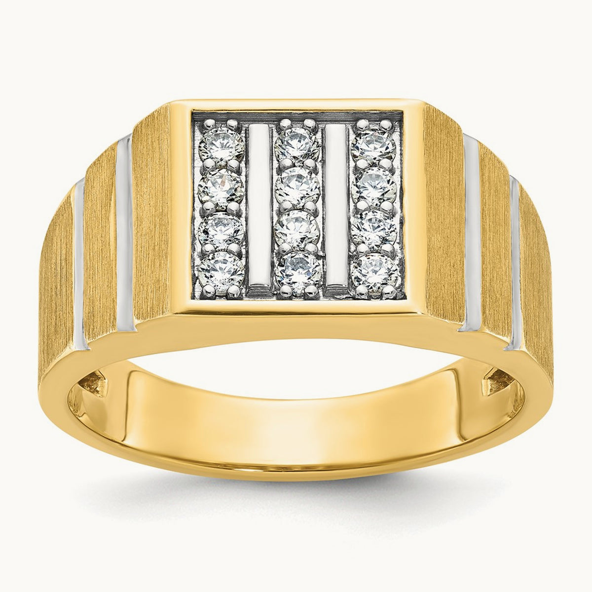 w/ White RH IBGoodman Men's Satin & Grooved 3-Row Diamond Ring, 14K