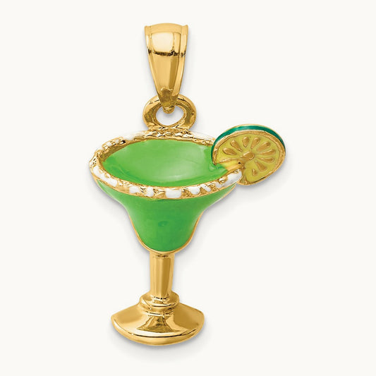 2-D Green Enameled Salted Margarita Drink w/Lime Charm, 14K