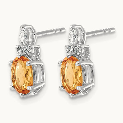 Diamond and Citrine Post Earrings, 14K White Gold