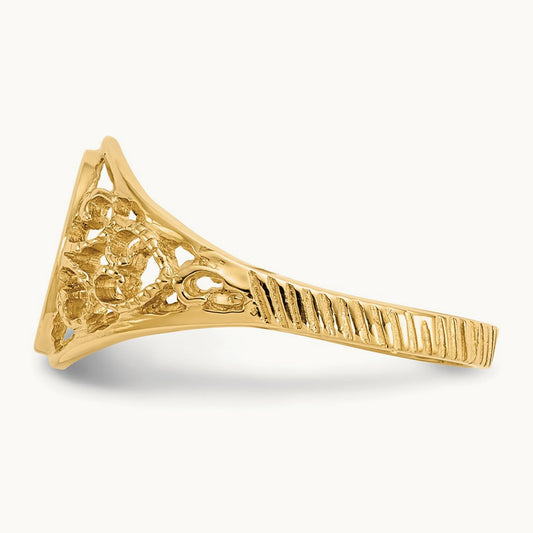 7.5x8. Satin Open Back Filigree Signet Ring, 5mm, 14K