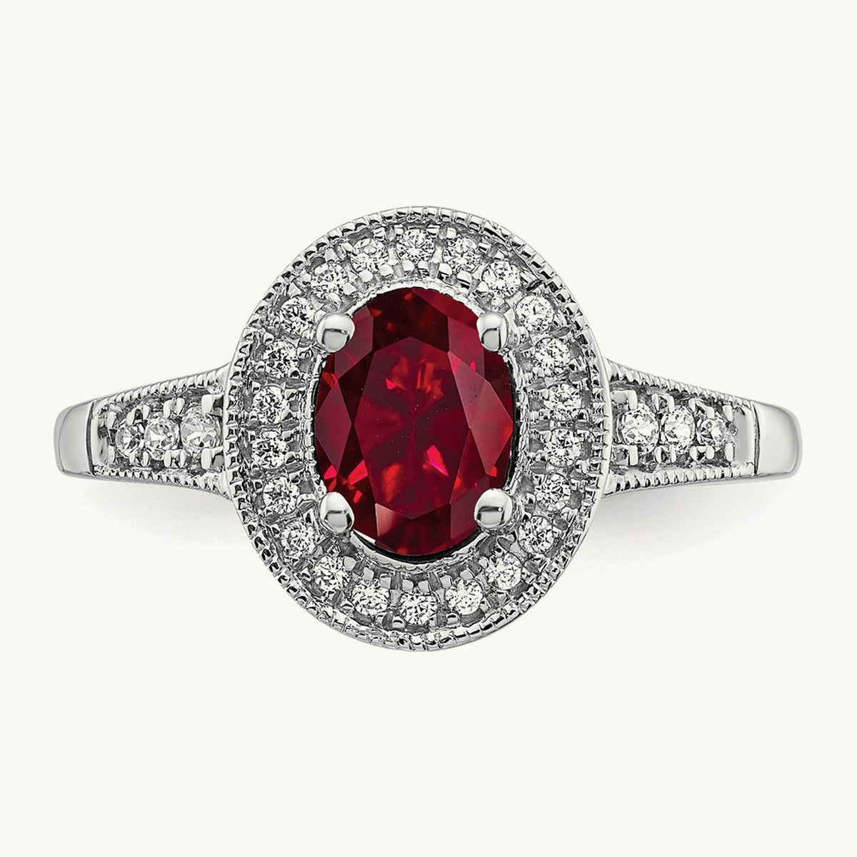 Oval Created Ruby and Diamond Halo Ring, 14K White Gold