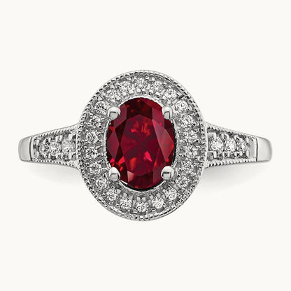 Oval Created Ruby and Diamond Halo Ring, 14K White Gold