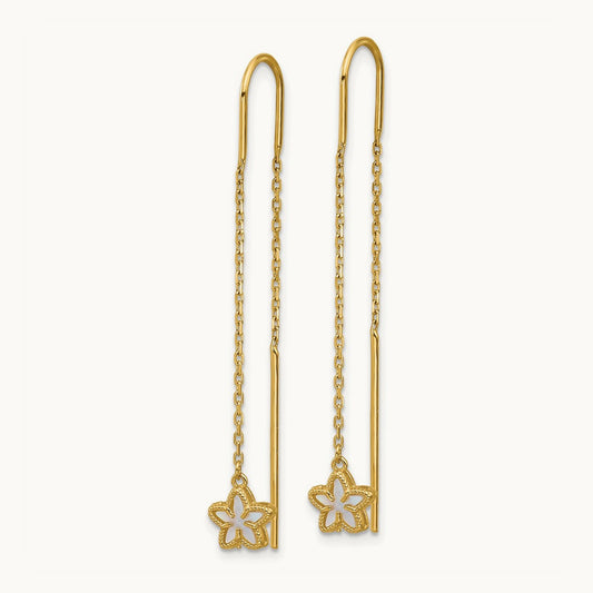 Polished Mother of Pearl Flower Cable Chain Threader Earrings, 14K