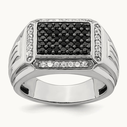 Polished Black and White Sapphire Mens Ring, 14K White Gold