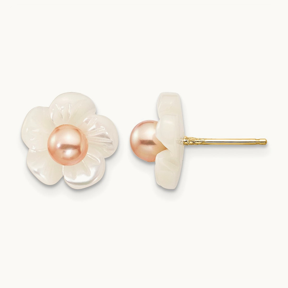 3- Pink FW Cultured Pearl w/10mm MOP Flower Post Earrings, 4mm, 14K