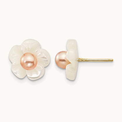 3- Pink FW Cultured Pearl w/10mm MOP Flower Post Earrings, 4mm, 14K