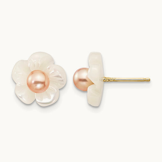 3- Pink FW Cultured Pearl w/10mm MOP Flower Post Earrings, 4mm, 14K