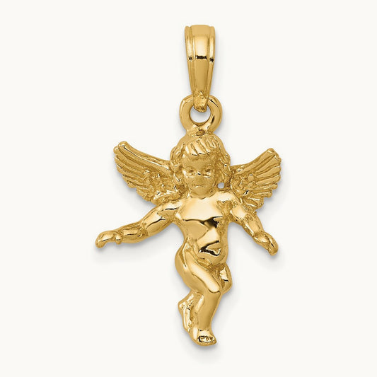 3D Polished Solid Angel Pendant — 14K Yellow Gold