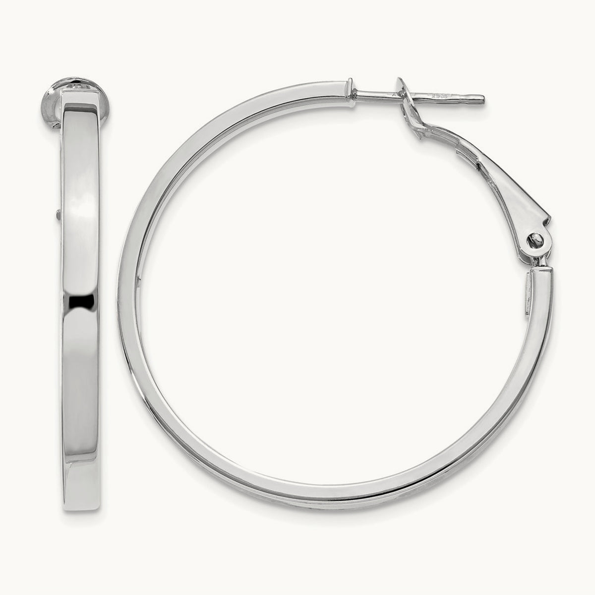 Polished Square Tube Round Hoop Earrings — 14K White Gold, 3x35mm