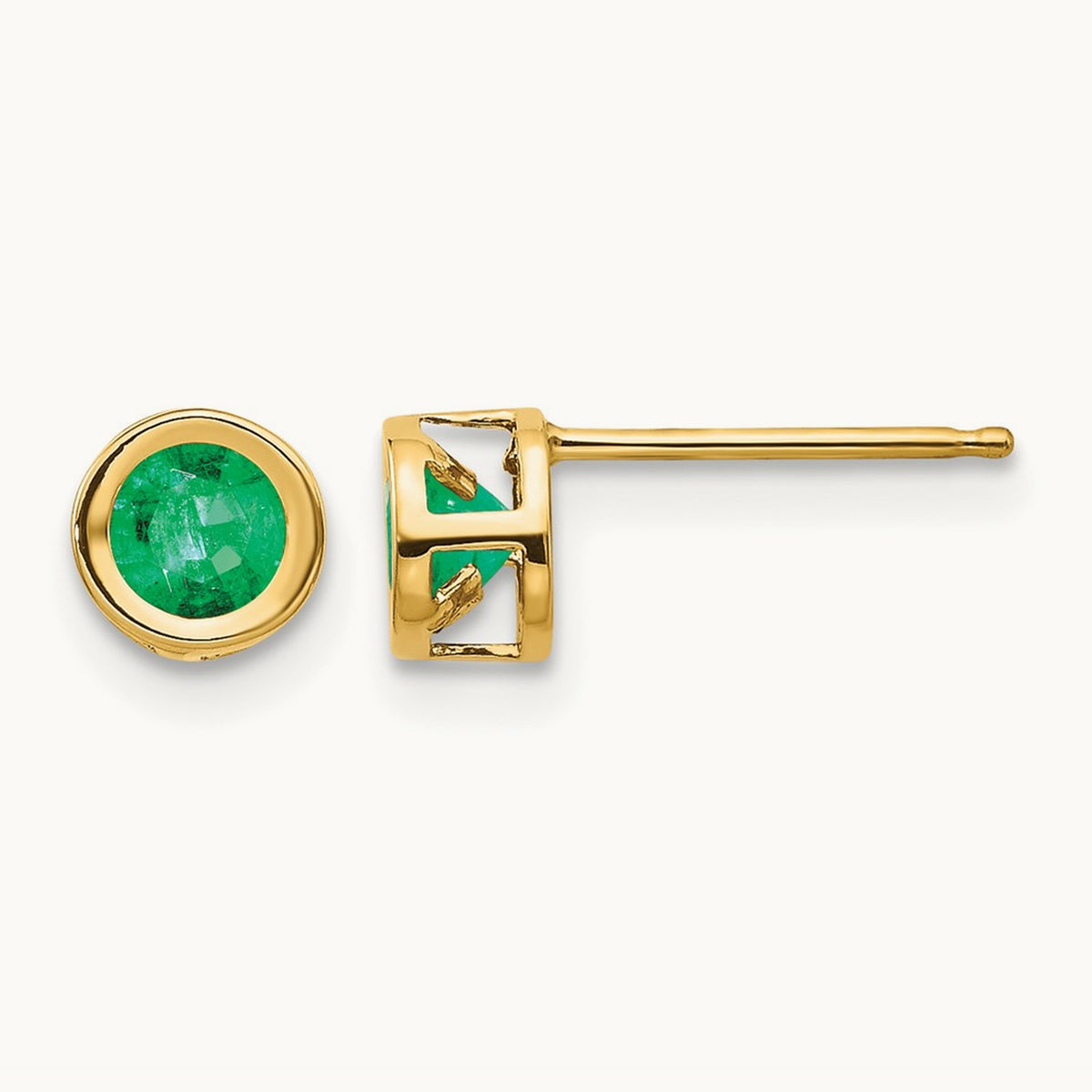 Bezel May/Emerald Post Earrings — 14K Yellow Gold