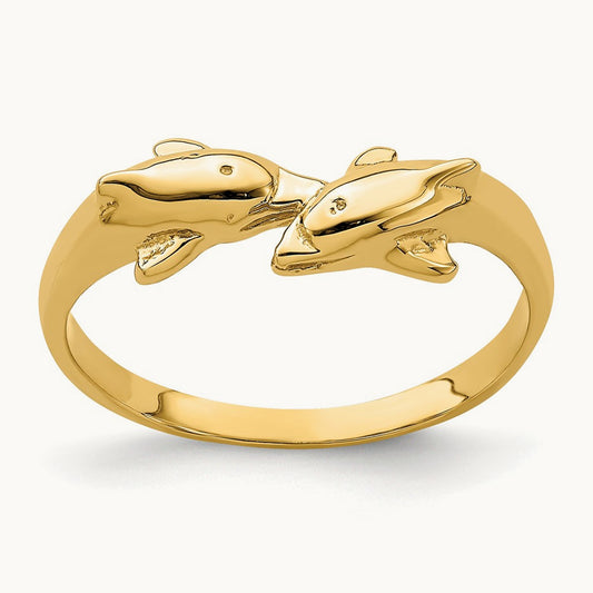 Dolphin Kissing Dolphin Ring, 14K