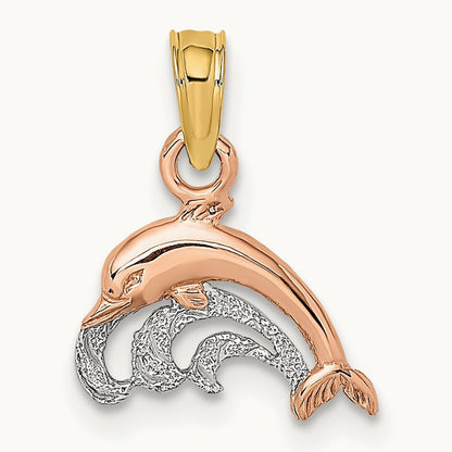 W/White Rhodium Dolphin and Wave Charm, 14K Two-tone