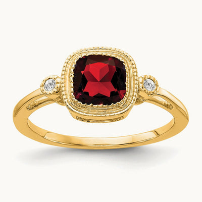 Cushion Garnet and Diamond Ring — 14K Yellow Gold, 7