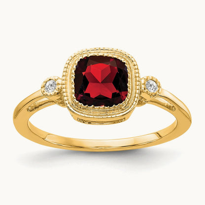 Cushion Garnet and Diamond Ring — 14K Yellow Gold, 7