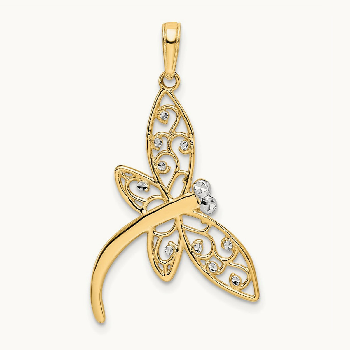 Diamond-cut Filigree Dragonfly Pendant, 14K with White Rhodium