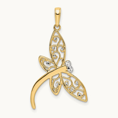 Diamond-cut Filigree Dragonfly Pendant, 14K with White Rhodium