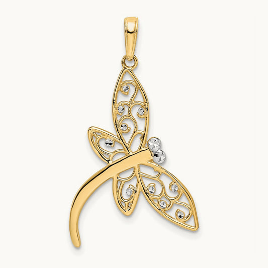 Diamond-cut Filigree Dragonfly Pendant, 14K with White Rhodium