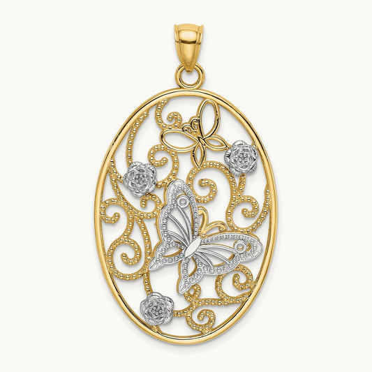 w/Rhodium Butterfly and Flowers in Oval Frame Charm, 14K Two-tone