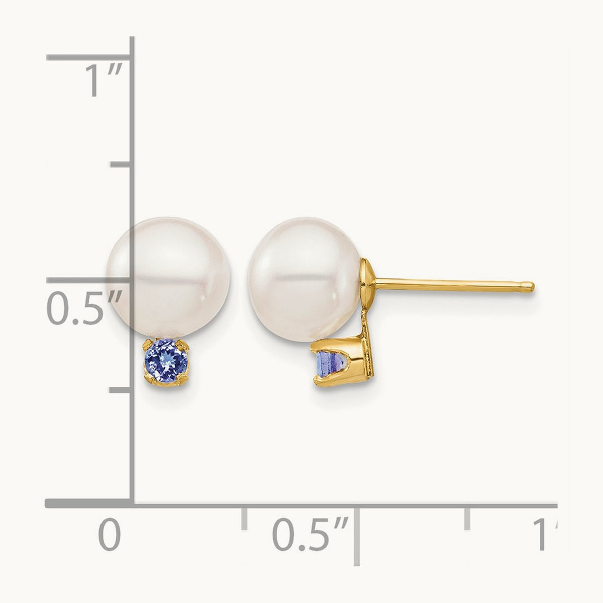 7- White Round Freshwater Cultured Pearl Tanzanite Post Earrings, 7.5mm, 14K