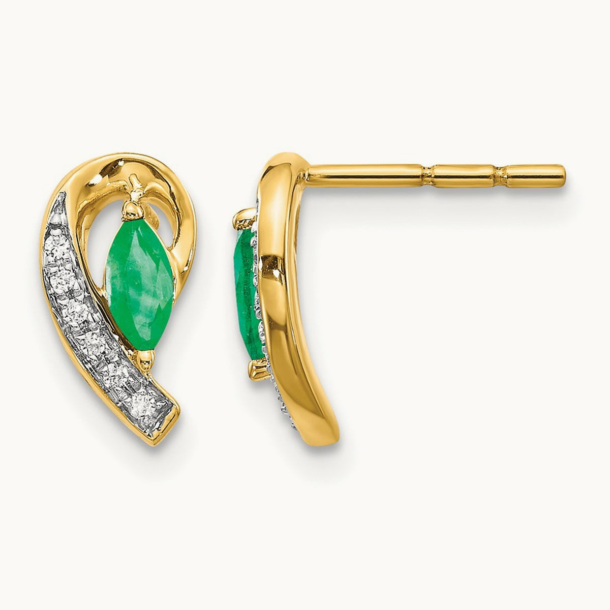 1/20Ct Diamond and Emerald Earrings — 14K Yellow Gold