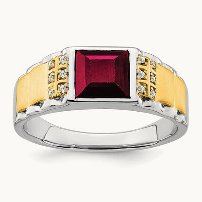 Created Ruby and Diamond Mens Ring, 14K Two-tone