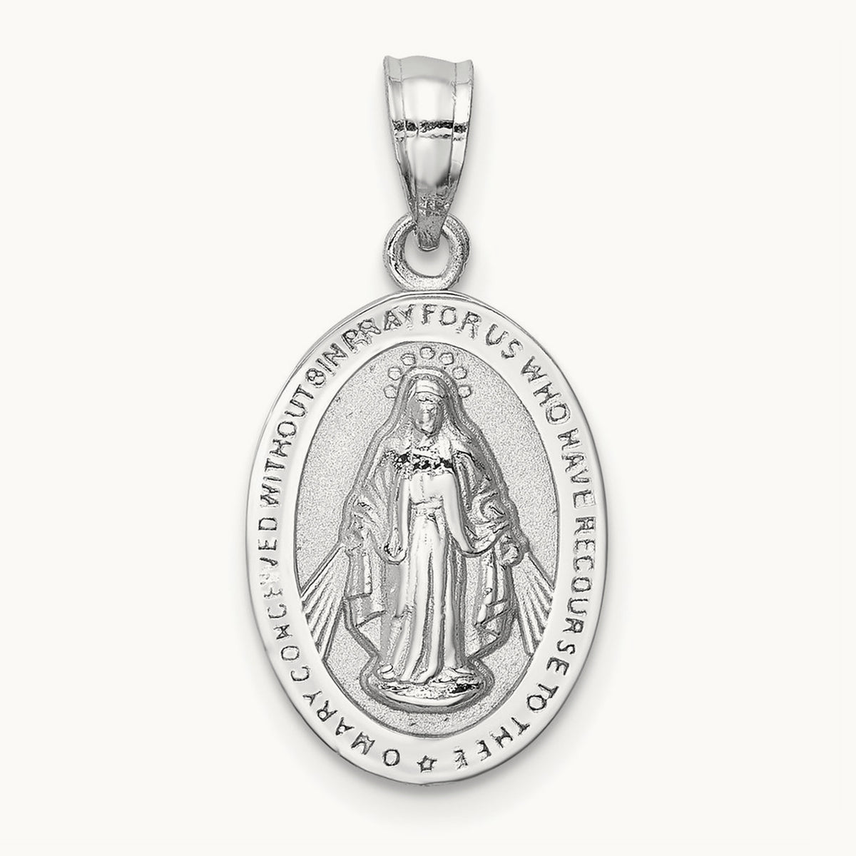 Polished Miraculous Medal Pendant — 14K White Gold