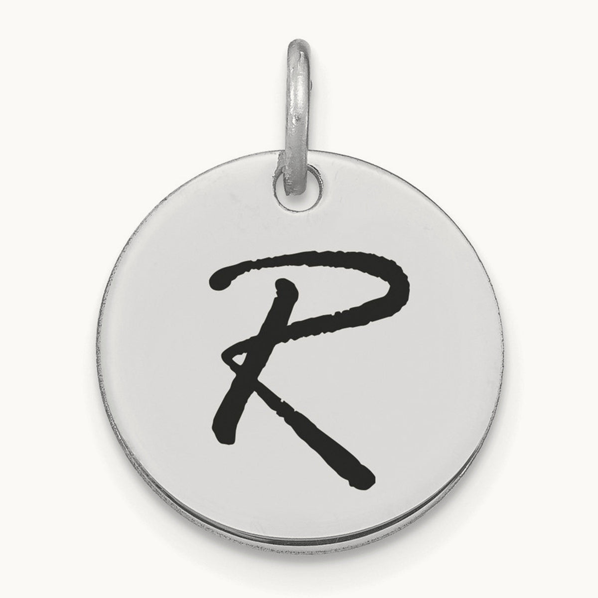 Polished Black Enamel Initial Disk Charm — 14K White Gold, R