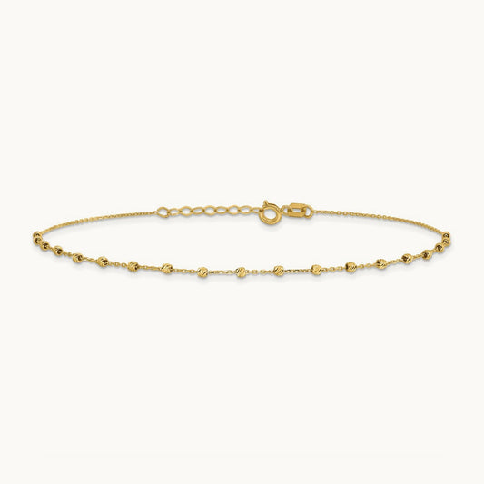 Polished Diamond-cut Beaded 9in Plus .75in ext. Anklet, 14K