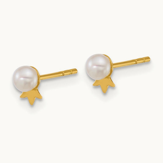 3- Round White FWC Pearl with Crown Post Earrings, 4mm, 14K