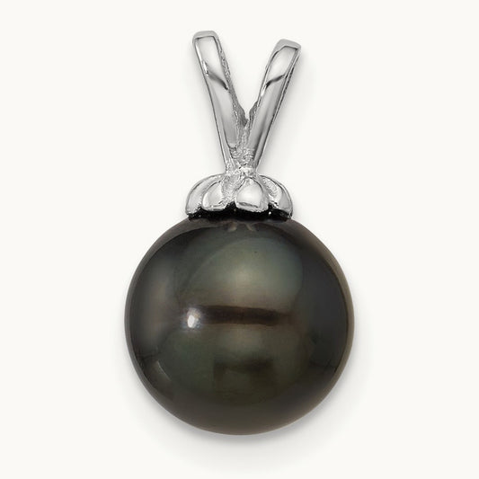 8- Round Black Saltwater Tahitian Pearl Pendant, 9mm, 14K White Gold