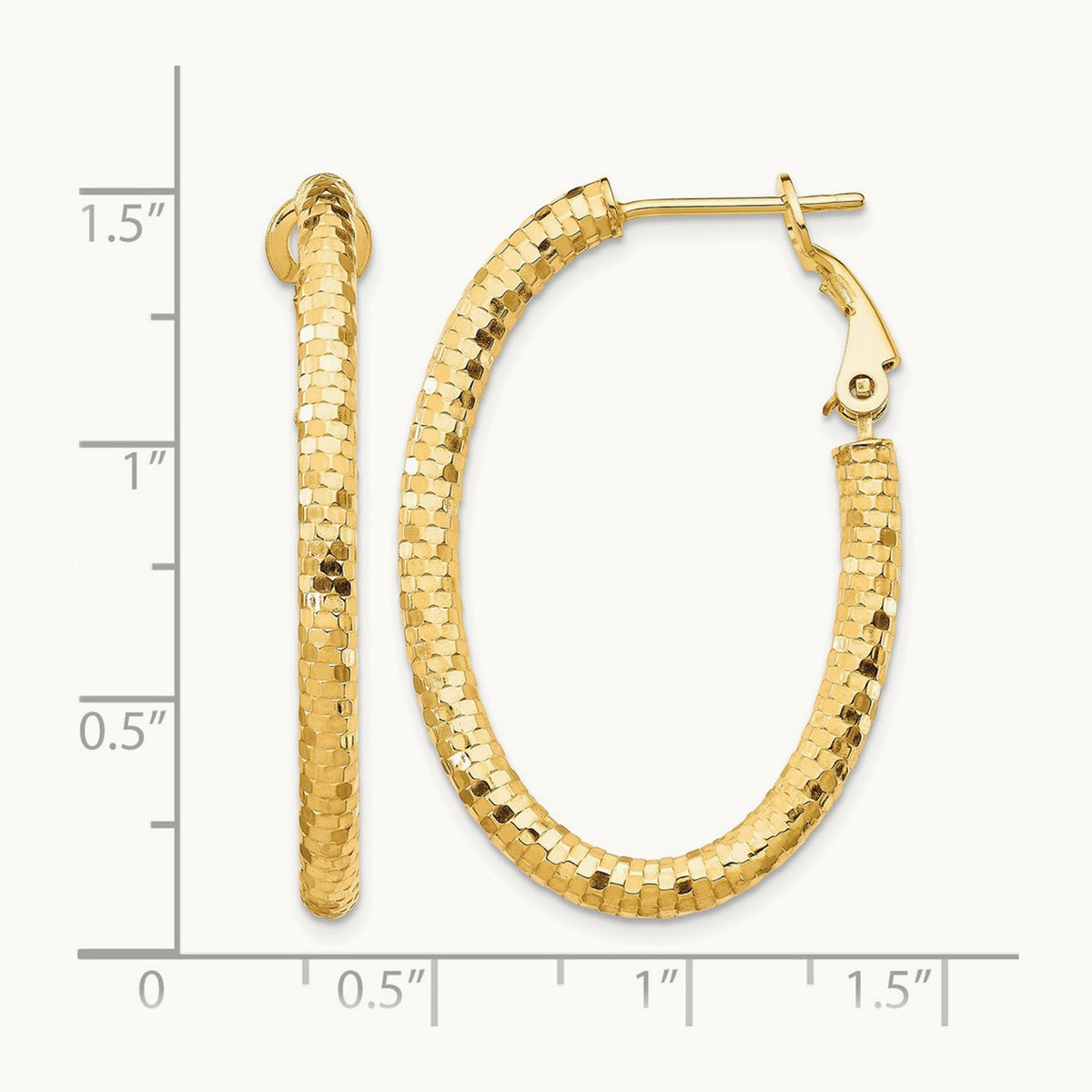 Diamond-cut Oval Omega Back Hoop Earrings — 3x37mm