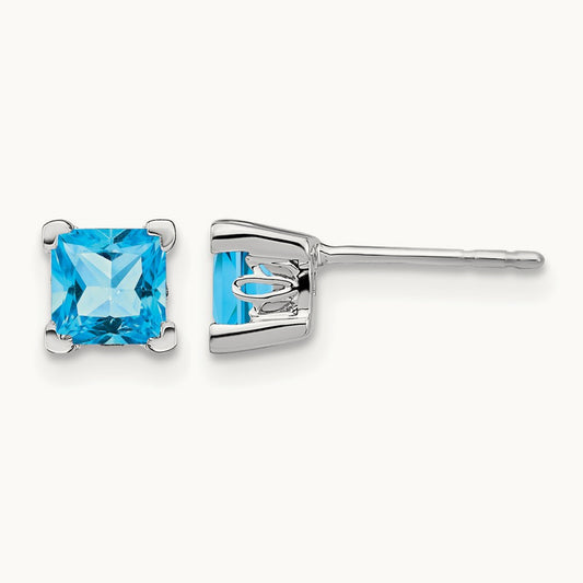 Square Blue Topaz Earrings, 14K White Gold