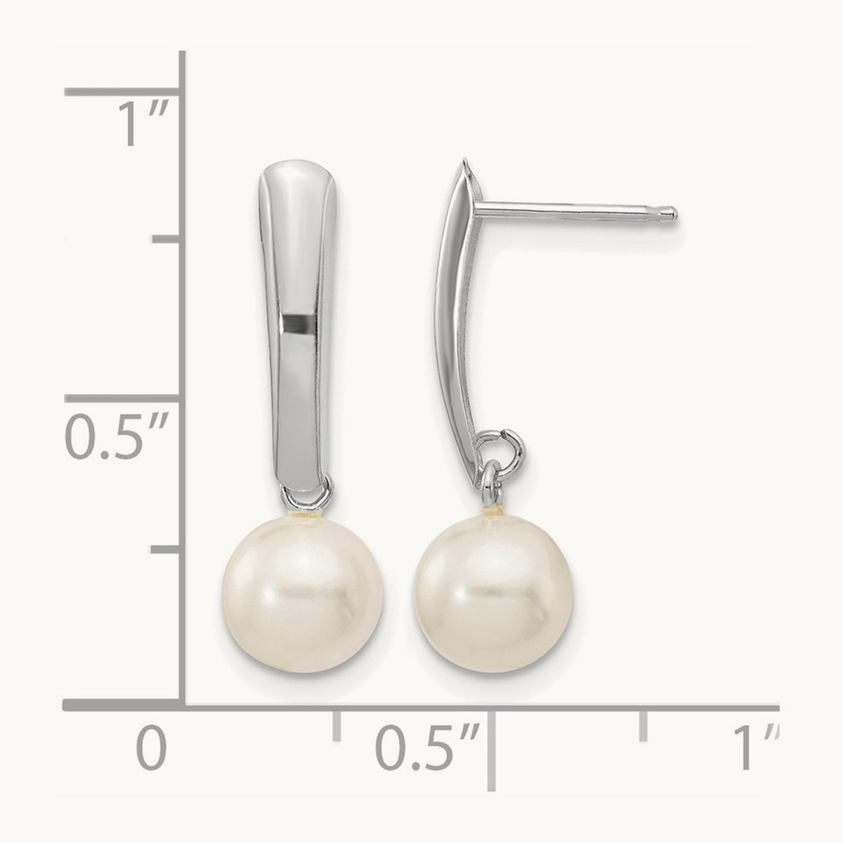 6- Round White FWC Pearl Post Dangle Earrings, 7mm, 14K White Gold