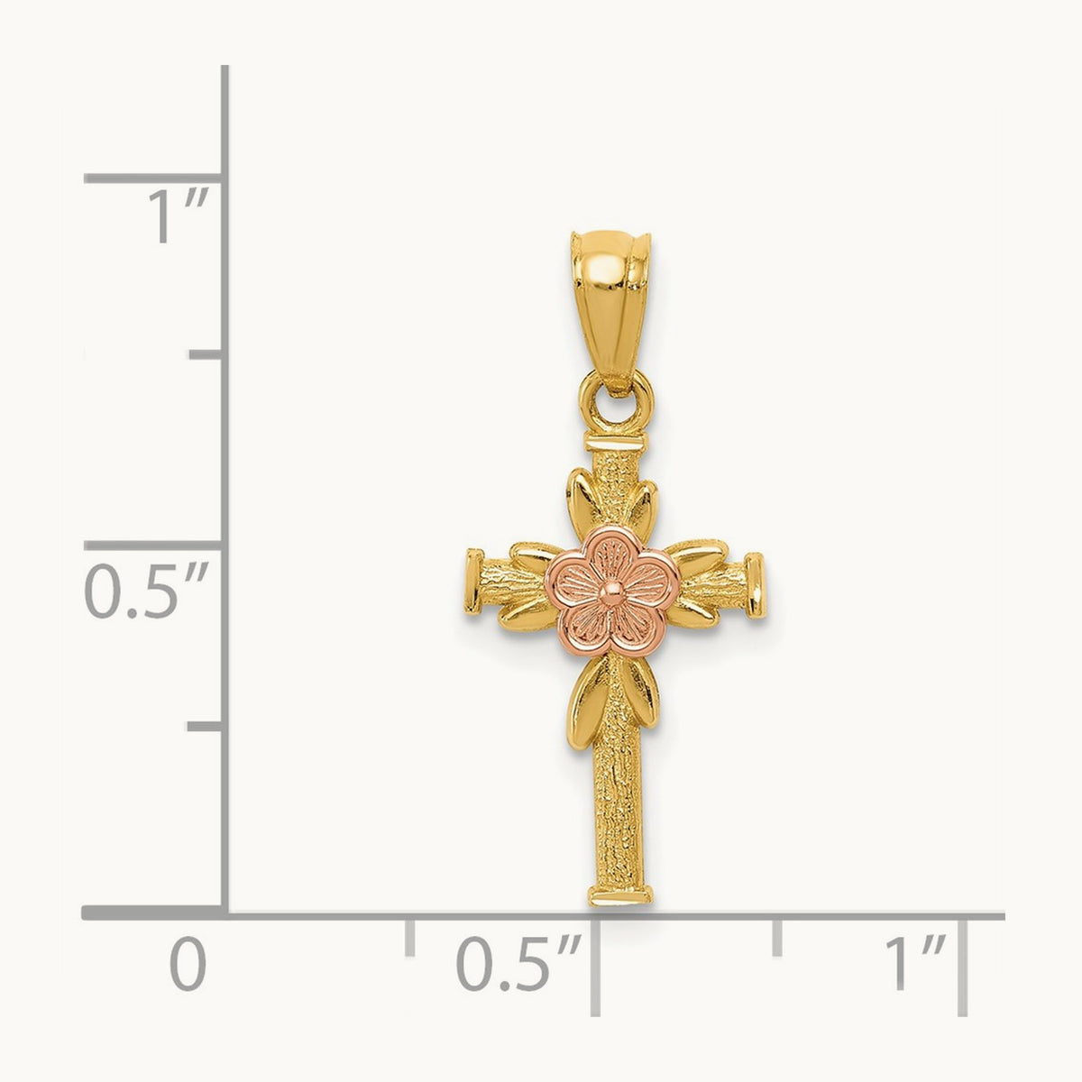 Polished D/C Cross w/Flower Pendant, 14K Two-tone