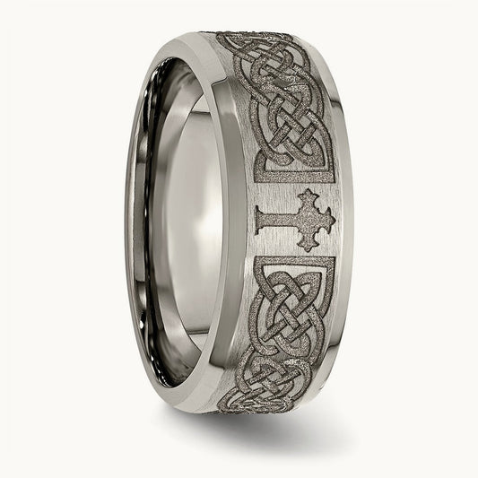 Brushed & Polished Cross Laser Design Beveled Edge Band — photo set