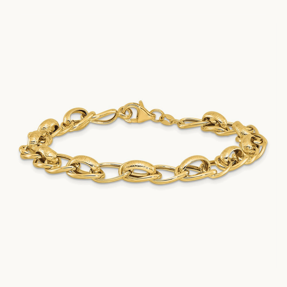 Polished and Textured Fancy Link Bracelet, 14K