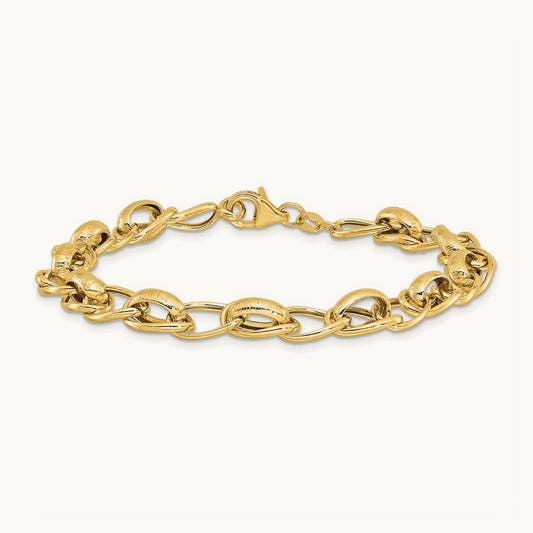 Polished and Textured Fancy Link Bracelet, 14K