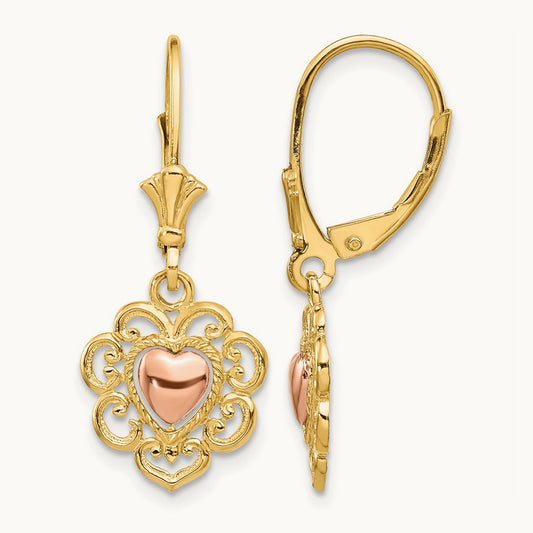Heart with Lace Trim Leverback Earrings, 14K Two-tone