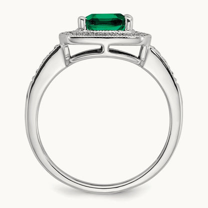 Cushion Created Emerald and Diamond Halo Ring, 14K White Gold