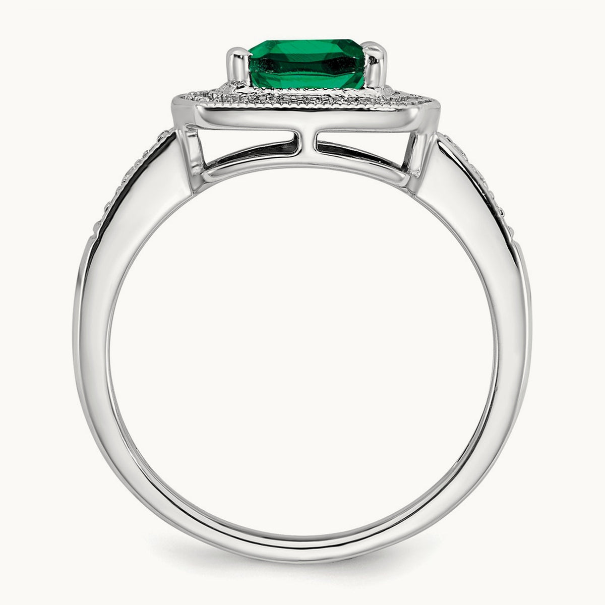 Cushion Created Emerald and Diamond Halo Ring, 14K White Gold