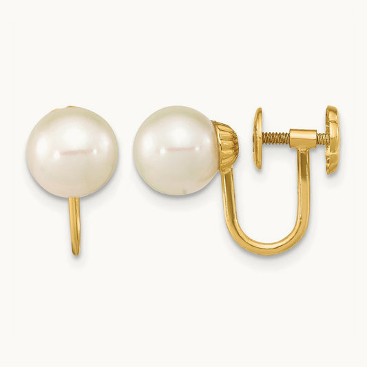 7- Round White FWC Pearl Non-pierced Earrings, 8mm, 14K
