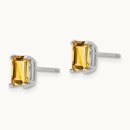 6x4mm Emerald Cut Citrine Earrings, 14K White Gold