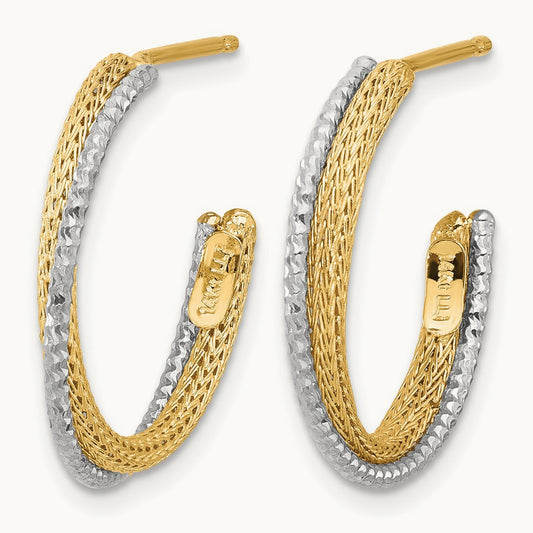 w/Rhodium Polished/Textured/Dia-cut J-Hoop Earrings, 14K — Leslie's